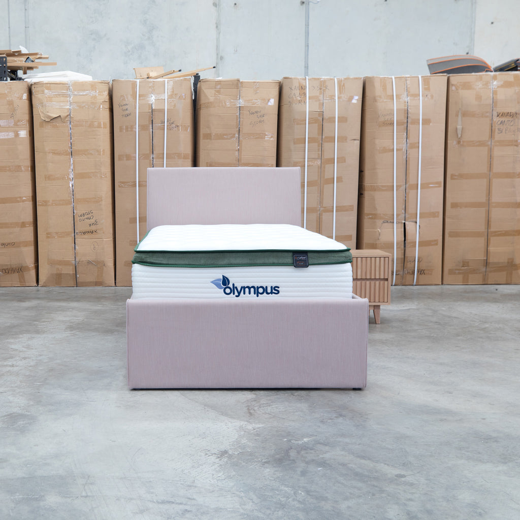 The York King Single Fabric Trundle Bed - Pink (Reversible Trundle) available to purchase from Warehouse Furniture Clearance at our next sale event.