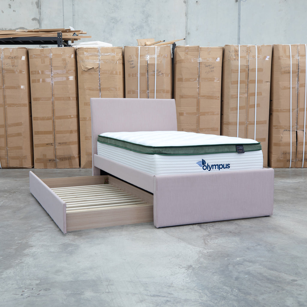 The York King Single Fabric Trundle Bed - Pink (Reversible Trundle) available to purchase from Warehouse Furniture Clearance at our next sale event.