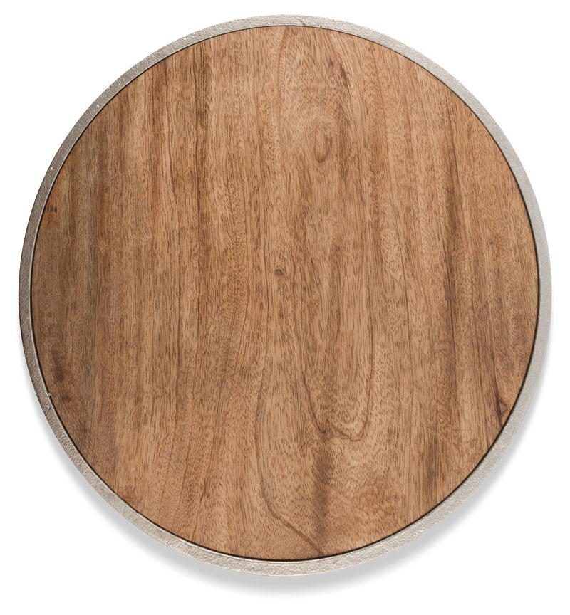 The Pinda Wooden Cheese Board with Aluminium Rim - Burn Wood/Nickel Silver - HN9604 - Available In-Store Only available to purchase from Warehouse Furniture Clearance at our next sale event.