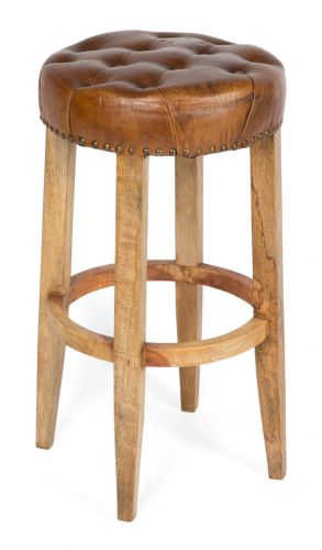 The Manhattan Round Wood and Leather Bar Stool with Button Detail - Tan - MH25 - Available In-Store Only available to purchase from Warehouse Furniture Clearance at our next sale event.