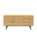 The Munich Melamine Oak Wood Sideboard with Black Metal Legs - Oak / Black - SO07 - Available In-Store Only available to purchase from Warehouse Furniture Clearance at our next sale event.