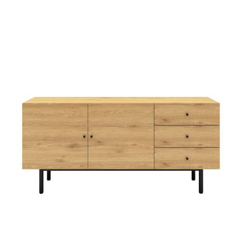 The Munich Melamine Oak Wood Sideboard with Black Metal Legs - Oak / Black - SO07 - Available In-Store Only available to purchase from Warehouse Furniture Clearance at our next sale event.