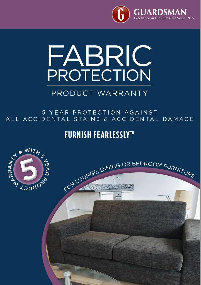 The Guardsman 5 Year Fabric Dining Suite Warranty Kit available to purchase from Warehouse Furniture Clearance at our next sale event.