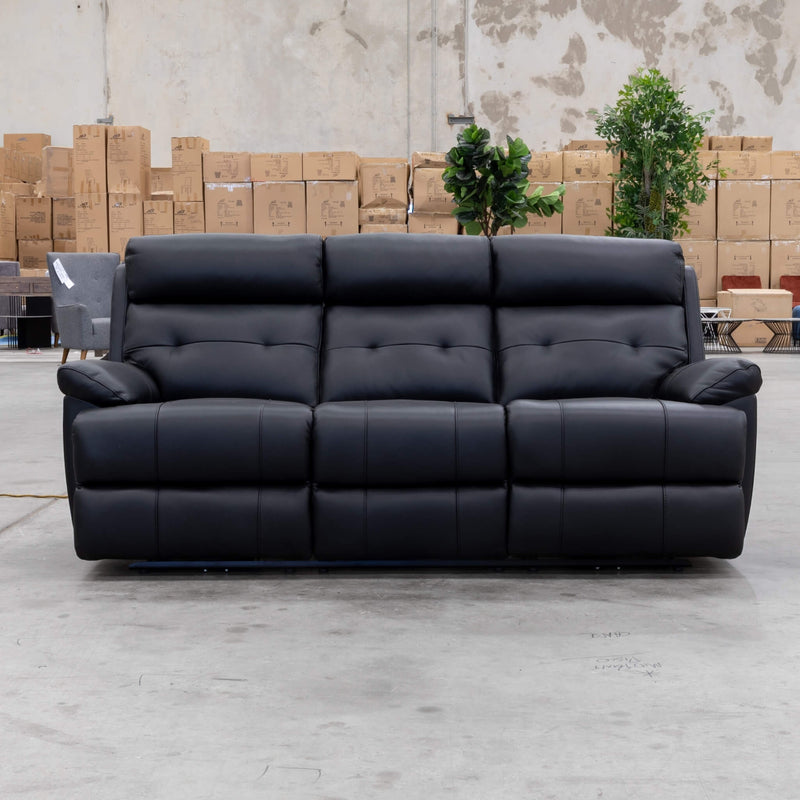 The Bondi Electric Three Seat Recliner Lounge - Black Leather available to purchase from Warehouse Furniture Clearance at our next sale event.