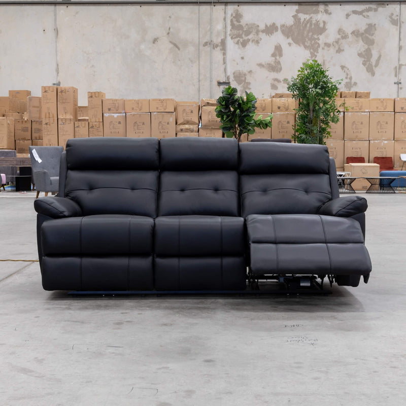 The Bondi Electric Three Seat Recliner Lounge - Black Leather available to purchase from Warehouse Furniture Clearance at our next sale event.