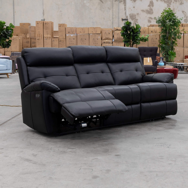 The Bondi Electric Three Seat Recliner Lounge - Black Leather available to purchase from Warehouse Furniture Clearance at our next sale event.