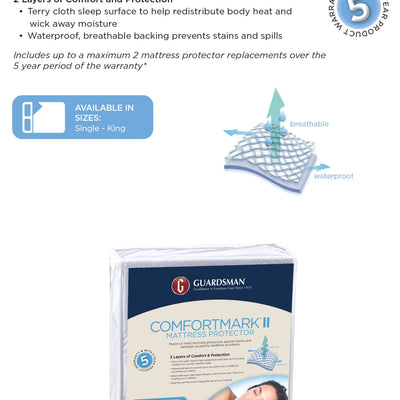 The Guardsman ComfortMark II Mattress Protector - 5 Year Warranty - Single available to purchase from Warehouse Furniture Clearance at our next sale event.