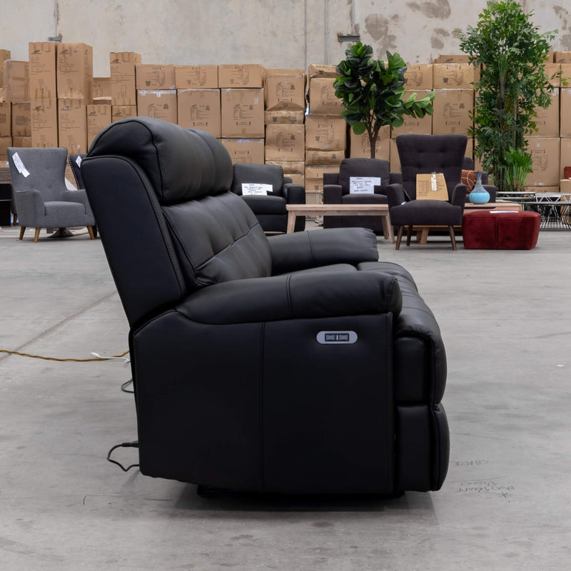 The Bondi Electric Three Seat Recliner Lounge - Black Leather available to purchase from Warehouse Furniture Clearance at our next sale event.