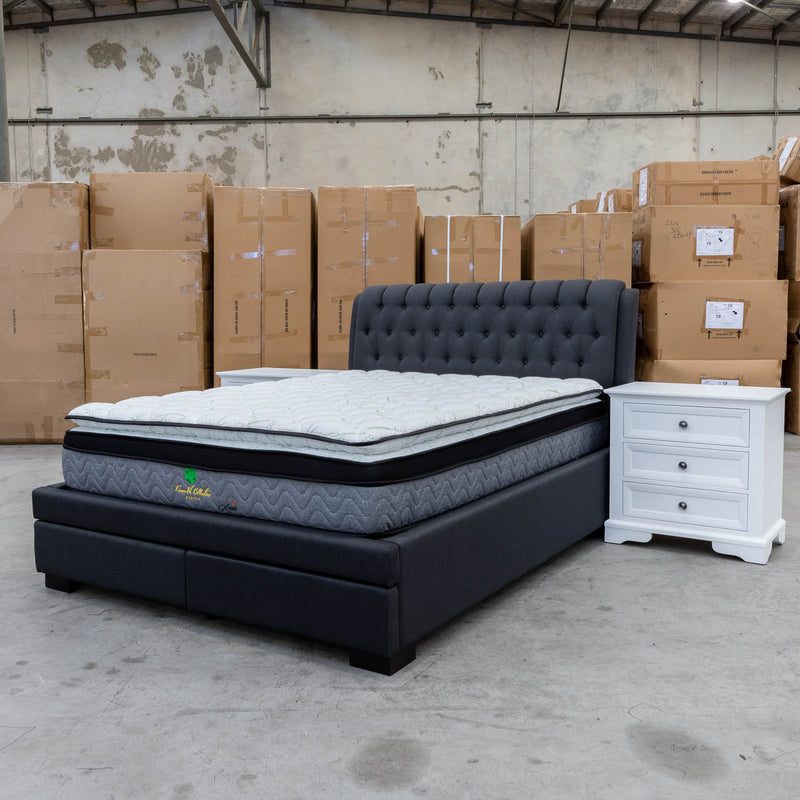 The Barslow Queen Fabric Storage Bed - Deluxe Grey available to purchase from Warehouse Furniture Clearance at our next sale event.