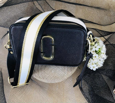 The Black, Gold & White Stripe - Bag Strap - Silver Hardware available to purchase from Warehouse Furniture Clearance at our next sale event.