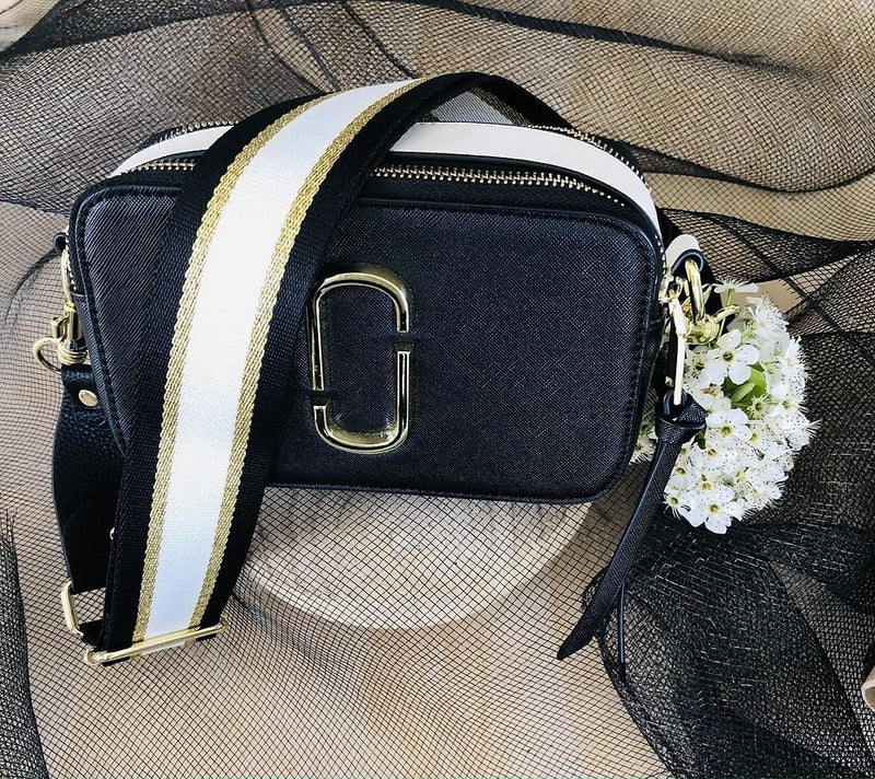 The Black, Gold & White Stripe - Bag Strap - Silver Hardware available to purchase from Warehouse Furniture Clearance at our next sale event.