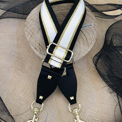 The Black, Gold & White Stripe - Bag Strap - Silver Hardware available to purchase from Warehouse Furniture Clearance at our next sale event.