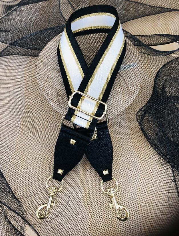 The Black, Gold & White Stripe - Bag Strap - Silver Hardware available to purchase from Warehouse Furniture Clearance at our next sale event.