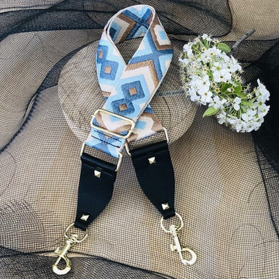The Bo Ho - Blue & Beige - Bag Strap - Gold Hardware available to purchase from Warehouse Furniture Clearance at our next sale event.