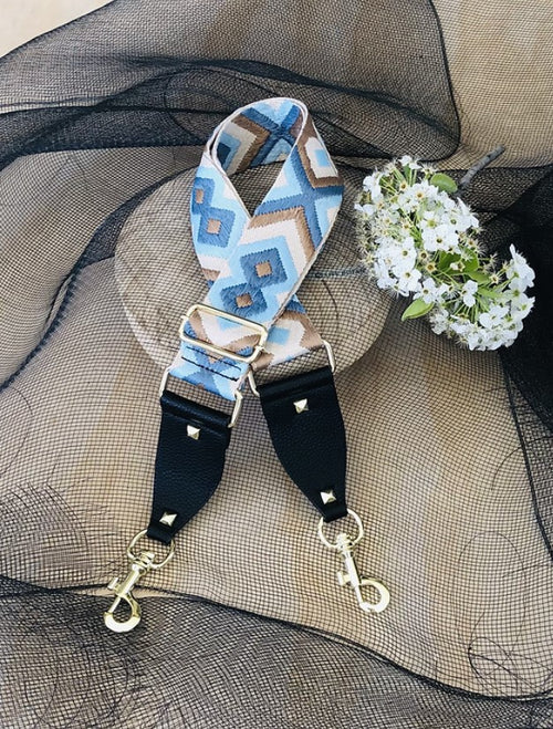 The Bo Ho - Blue & Beige - Bag Strap - Gold Hardware available to purchase from Warehouse Furniture Clearance at our next sale event.