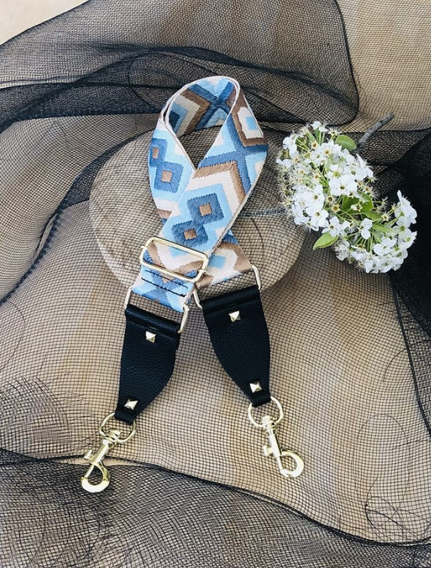 The Bo Ho - Blue & Beige - Bag Strap - Gold Hardware available to purchase from Warehouse Furniture Clearance at our next sale event.