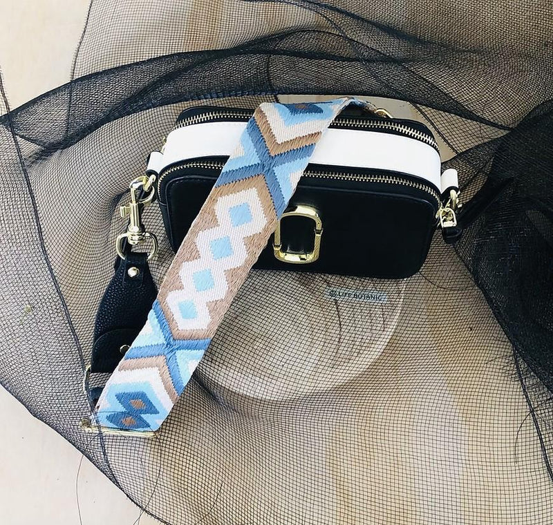 The Bo Ho - Blue & Beige - Bag Strap - Silver Hardware available to purchase from Warehouse Furniture Clearance at our next sale event.