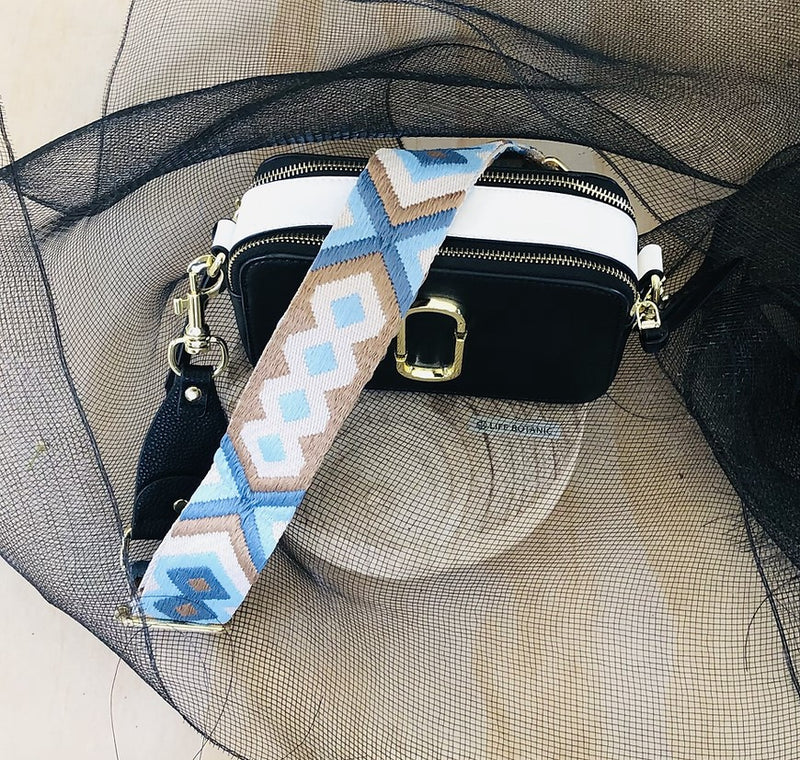 The Bo Ho - Blue & Beige - Bag Strap - Gold Hardware available to purchase from Warehouse Furniture Clearance at our next sale event.