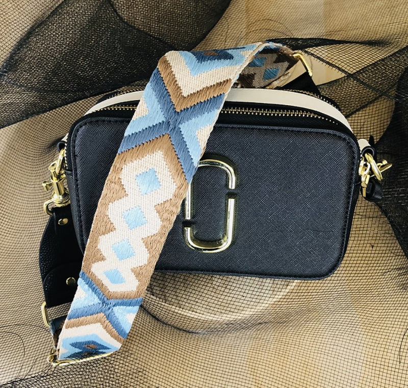 The Bo Ho - Blue & Beige - Bag Strap - Gold Hardware available to purchase from Warehouse Furniture Clearance at our next sale event.