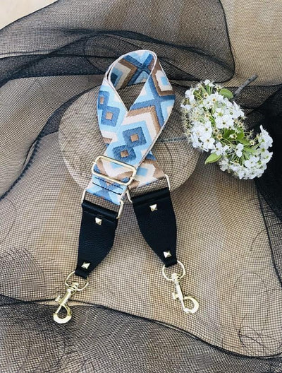 The Bo Ho - Blue & Beige - Bag Strap - Silver Hardware available to purchase from Warehouse Furniture Clearance at our next sale event.