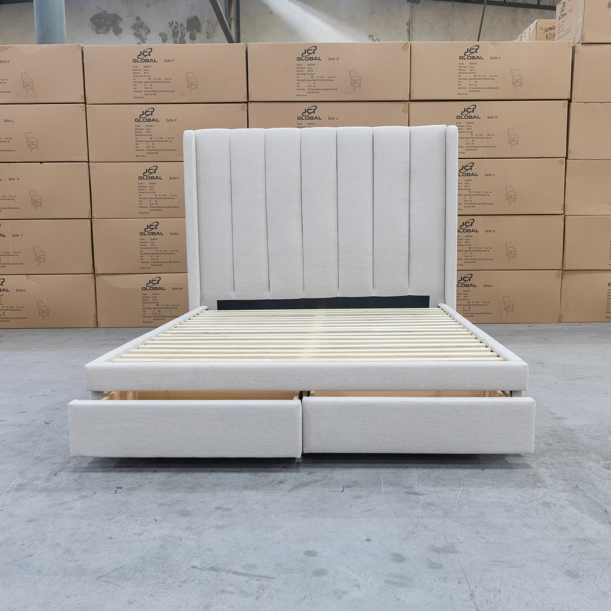 The Chester King Fabric Storage Bed - Oat White available to purchase from Warehouse Furniture Clearance at our next sale event.