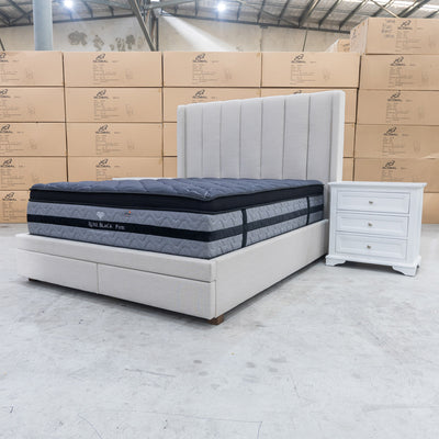 The Chester King Fabric Storage Bed - Oat White - Available After 13th October available to purchase from Warehouse Furniture Clearance at our next sale event.
