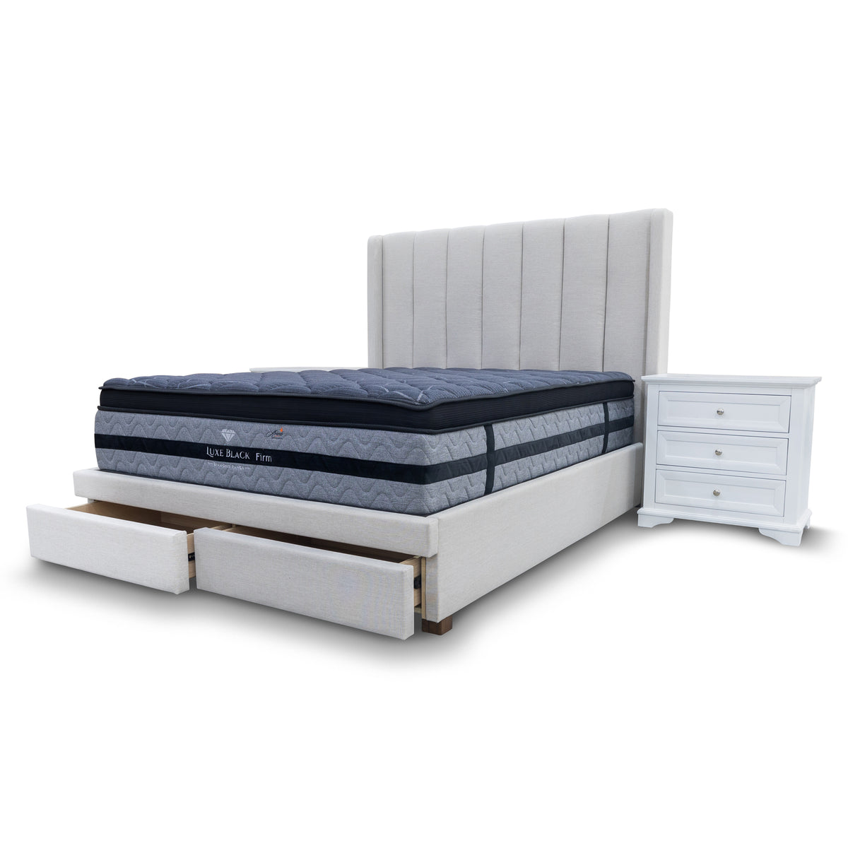 The Chester King Fabric Storage Bed - Oat White available to purchase from Warehouse Furniture Clearance at our next sale event.