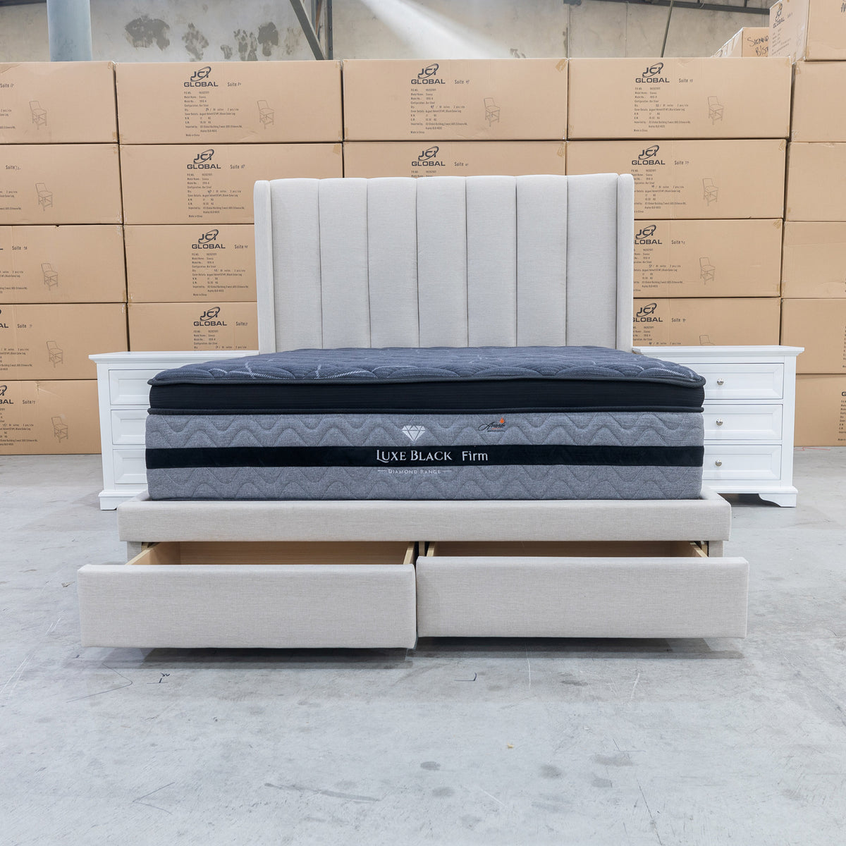 The Chester King Fabric Storage Bed - Oat White available to purchase from Warehouse Furniture Clearance at our next sale event.
