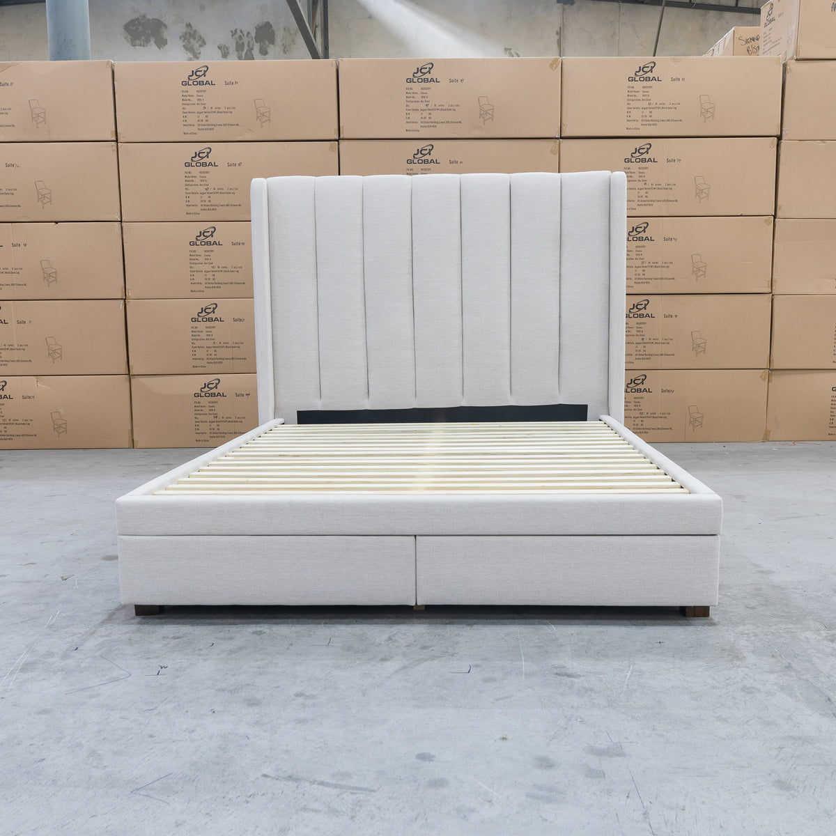 The Chester King Fabric Storage Bed - Oat White available to purchase from Warehouse Furniture Clearance at our next sale event.