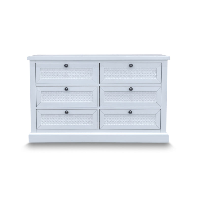 The Daintree Timber & Rattan 6 Drawer Hardwood Dresser available to purchase from Warehouse Furniture Clearance at our next sale event.