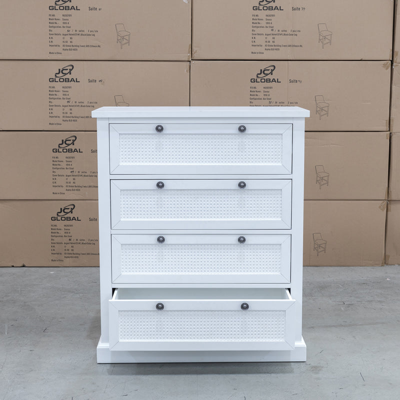 The Daintree Timber & Rattan 4 Drawer Tallboy available to purchase from Warehouse Furniture Clearance at our next sale event.