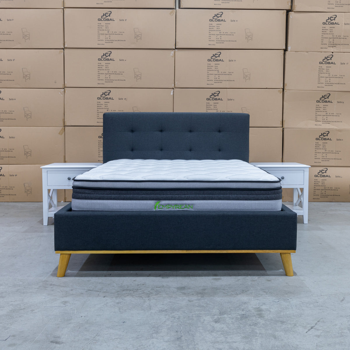 The Milos Queen Upholstered Bed - Charcoal available to purchase from Warehouse Furniture Clearance at our next sale event.
