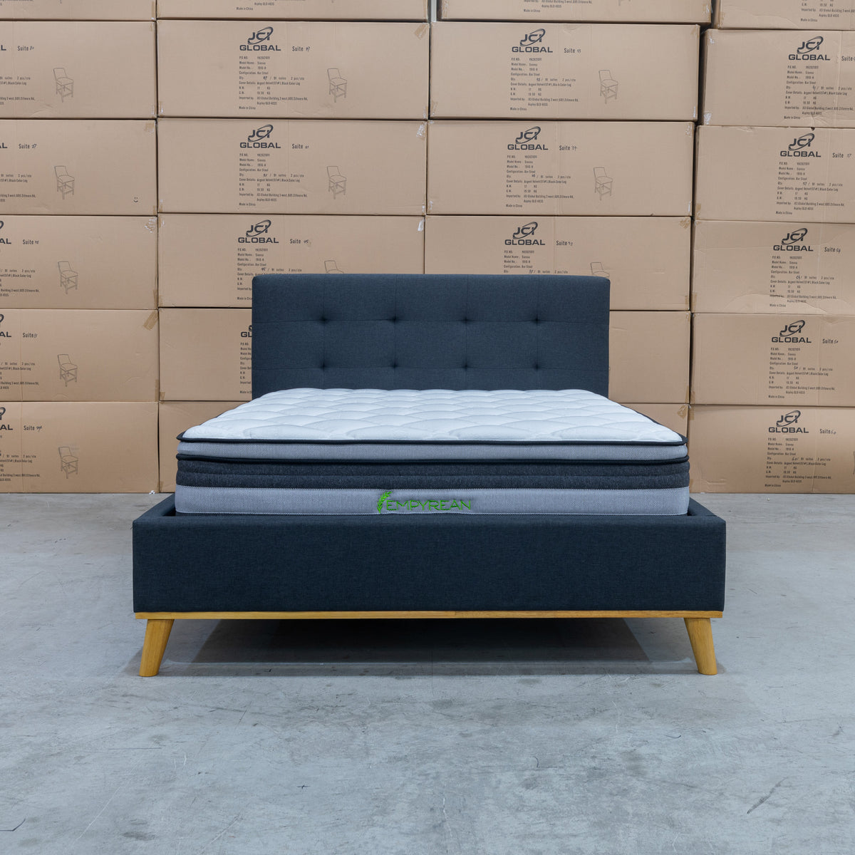 The Milos Queen Upholstered Bed - Charcoal available to purchase from Warehouse Furniture Clearance at our next sale event.