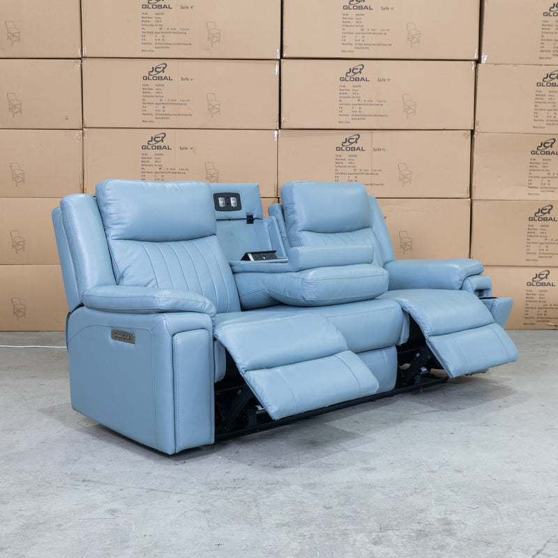 The Dylan Three Seater Triple Motor Electric Recliner Lounge - Ice Blue Leather available to purchase from Warehouse Furniture Clearance at our next sale event.