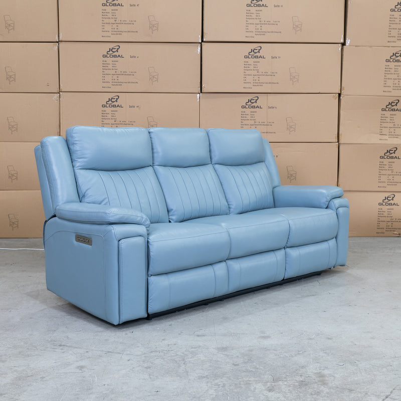 The Dylan Three Seater Triple Motor Electric Recliner Lounge - Ice Blue Leather available to purchase from Warehouse Furniture Clearance at our next sale event.