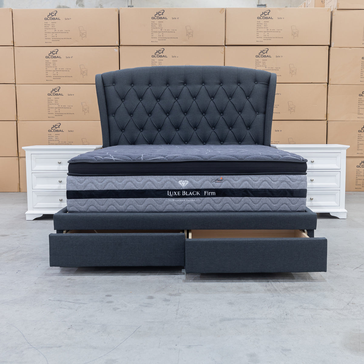 The Grace King Fabric Storage Bed - Charcoal - Available After 20th July available to purchase from Warehouse Furniture Clearance at our next sale event.