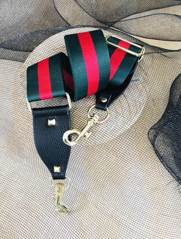 The Green & Red Stripe - Bag Strap - Gold Hardware available to purchase from Warehouse Furniture Clearance at our next sale event.