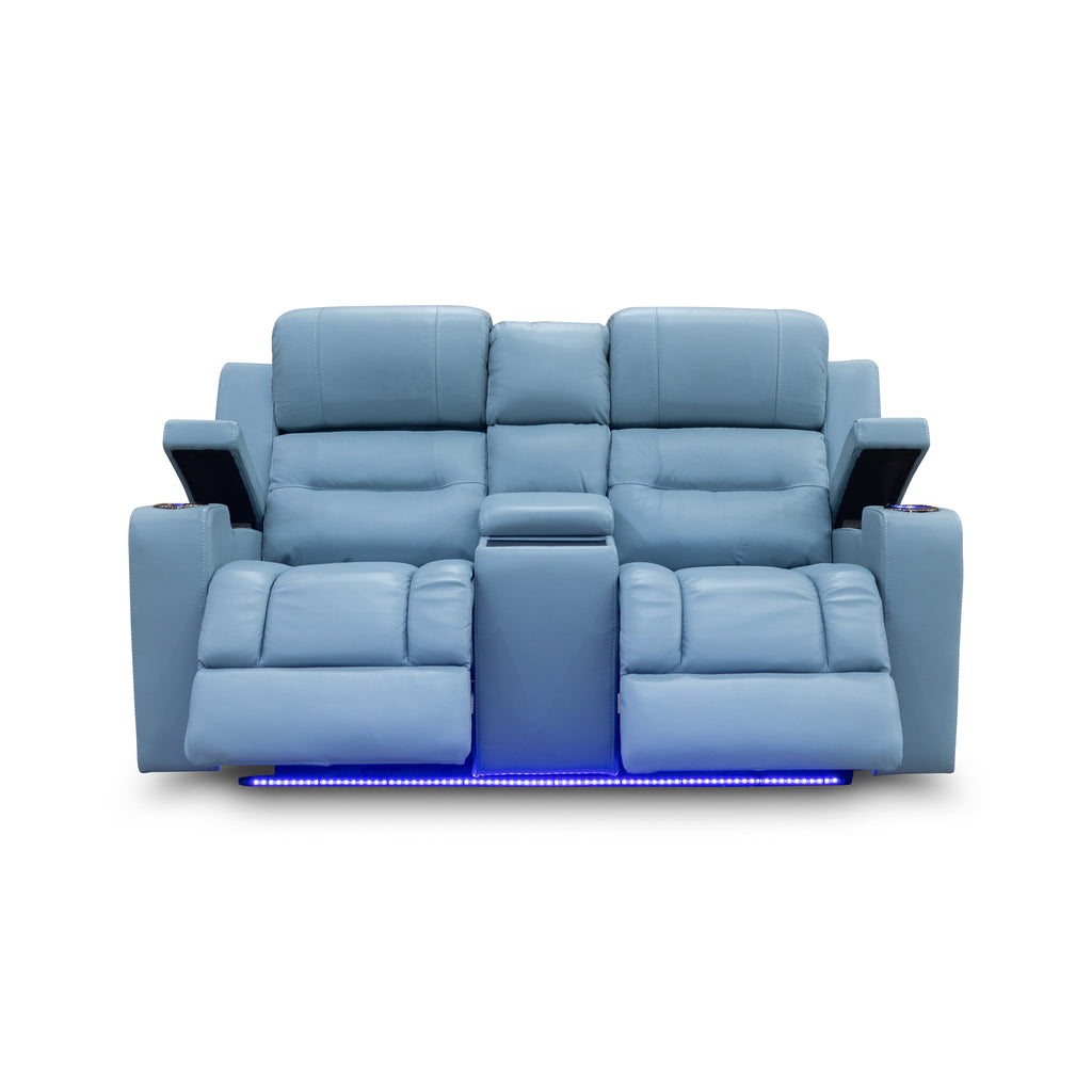 The Toronto 2 Seat Dual-Motor Recliner Theatre Lounge - Ice Blue Leather available to purchase from Warehouse Furniture Clearance at our next sale event.