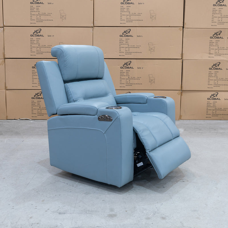 The Toronto Dual-Motor Recliner - Ice Blue Leather available to purchase from Warehouse Furniture Clearance at our next sale event.