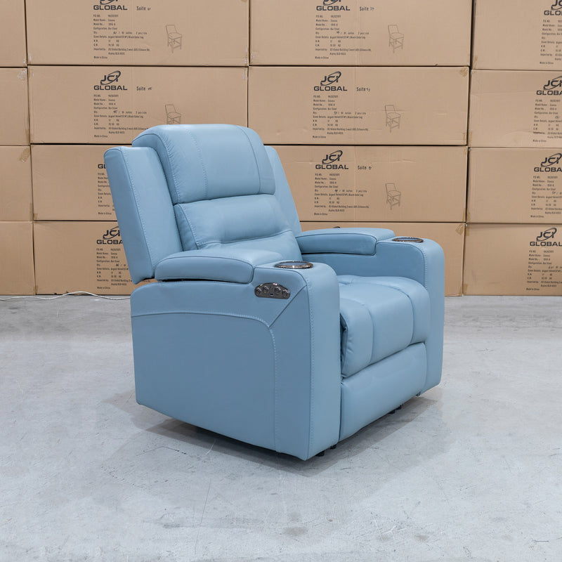 The Toronto Dual-Motor Recliner - Ice Blue Leather available to purchase from Warehouse Furniture Clearance at our next sale event.