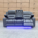 The Toronto Three Seat Dual-Motor Recliner Theatre Lounge - Storm Leather available to purchase from Warehouse Furniture Clearance at our next sale event.