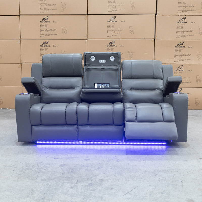 The Toronto Three Seat Dual-Motor Recliner Theatre Lounge - Storm Leather available to purchase from Warehouse Furniture Clearance at our next sale event.