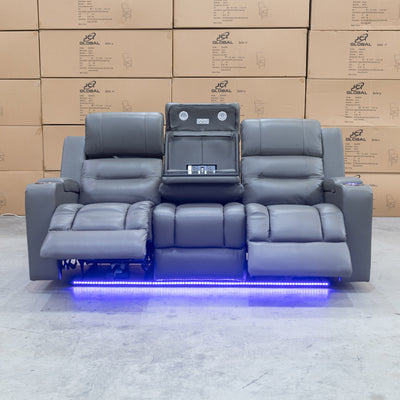 The Toronto Three Seat Dual-Motor Recliner Theatre Lounge - Storm Leather available to purchase from Warehouse Furniture Clearance at our next sale event.