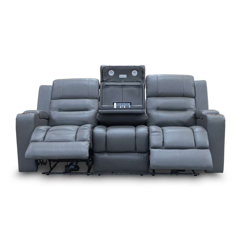 The Toronto Three Seat Dual-Motor Recliner Theatre Lounge - Storm Leather available to purchase from Warehouse Furniture Clearance at our next sale event.