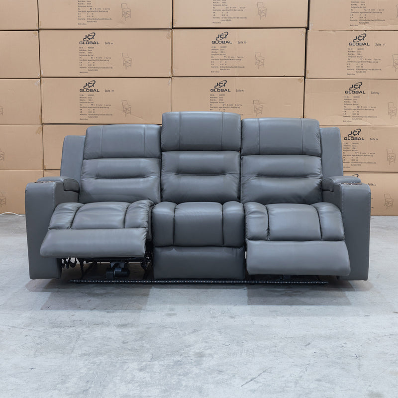 The Toronto Three Seat Dual-Motor Recliner Theatre Lounge - Storm Leather available to purchase from Warehouse Furniture Clearance at our next sale event.