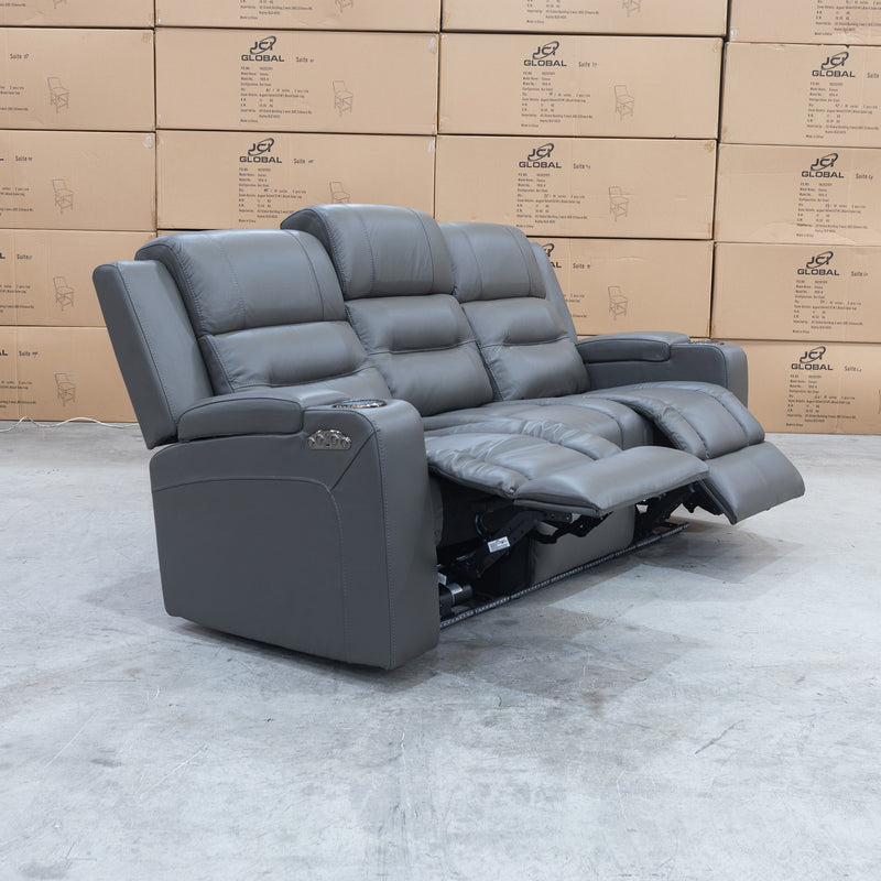 The Toronto Three Seat Dual-Motor Recliner Theatre Lounge - Storm Leather available to purchase from Warehouse Furniture Clearance at our next sale event.