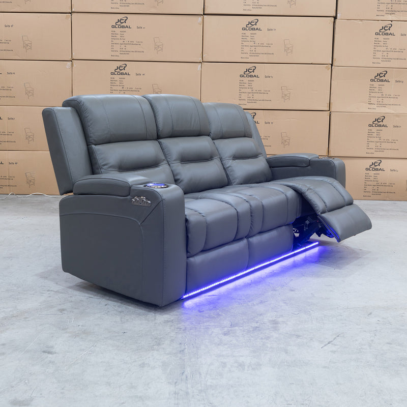 The Toronto Three Seat Dual-Motor Recliner Theatre Lounge - Storm Leather available to purchase from Warehouse Furniture Clearance at our next sale event.