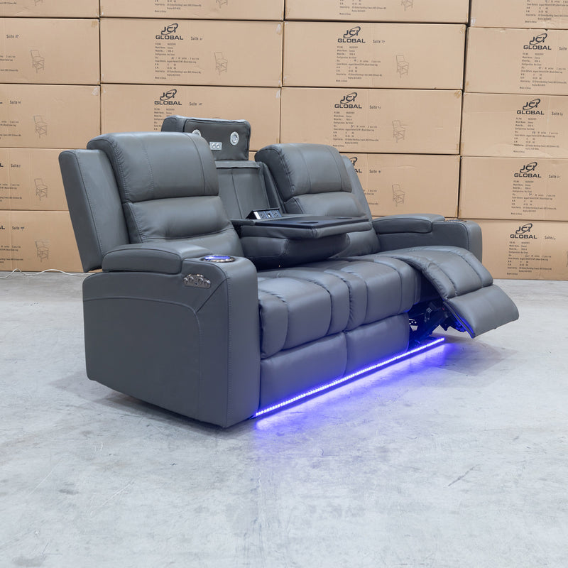 The Toronto Three Seat Dual-Motor Recliner Theatre Lounge - Storm Leather available to purchase from Warehouse Furniture Clearance at our next sale event.