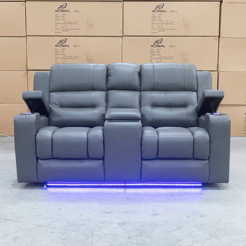 The Toronto Two Seat Dual-Motor Recliner Theatre Lounge - Storm Leather available to purchase from Warehouse Furniture Clearance at our next sale event.