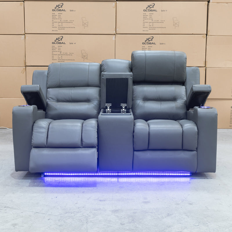 The Toronto Two Seat Dual-Motor Recliner Theatre Lounge - Storm Leather available to purchase from Warehouse Furniture Clearance at our next sale event.